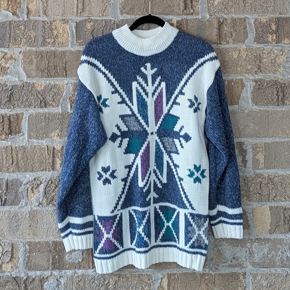 VTG 80s Gina Peters Mock Neck Snowflake Tunic Sweater White Blue Size Small - Picture 1 of 7
